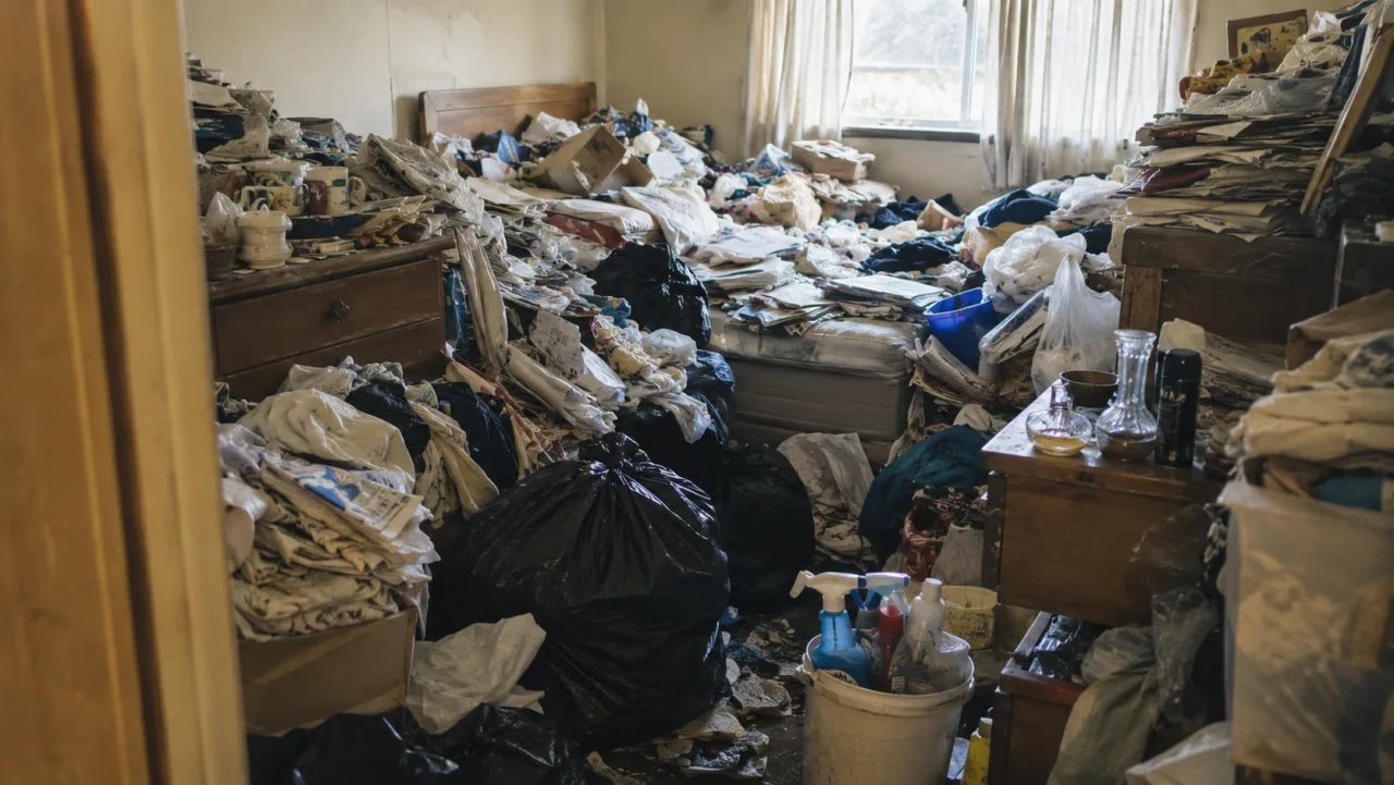 Chambre encombrée nettoyée et remise en état après intervention discrète